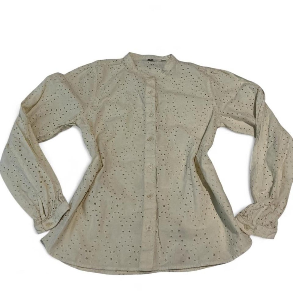 Uniqlo Eyelet Embroidered Blouse Womens XS Cream Excellent Boho Cotton Shirt